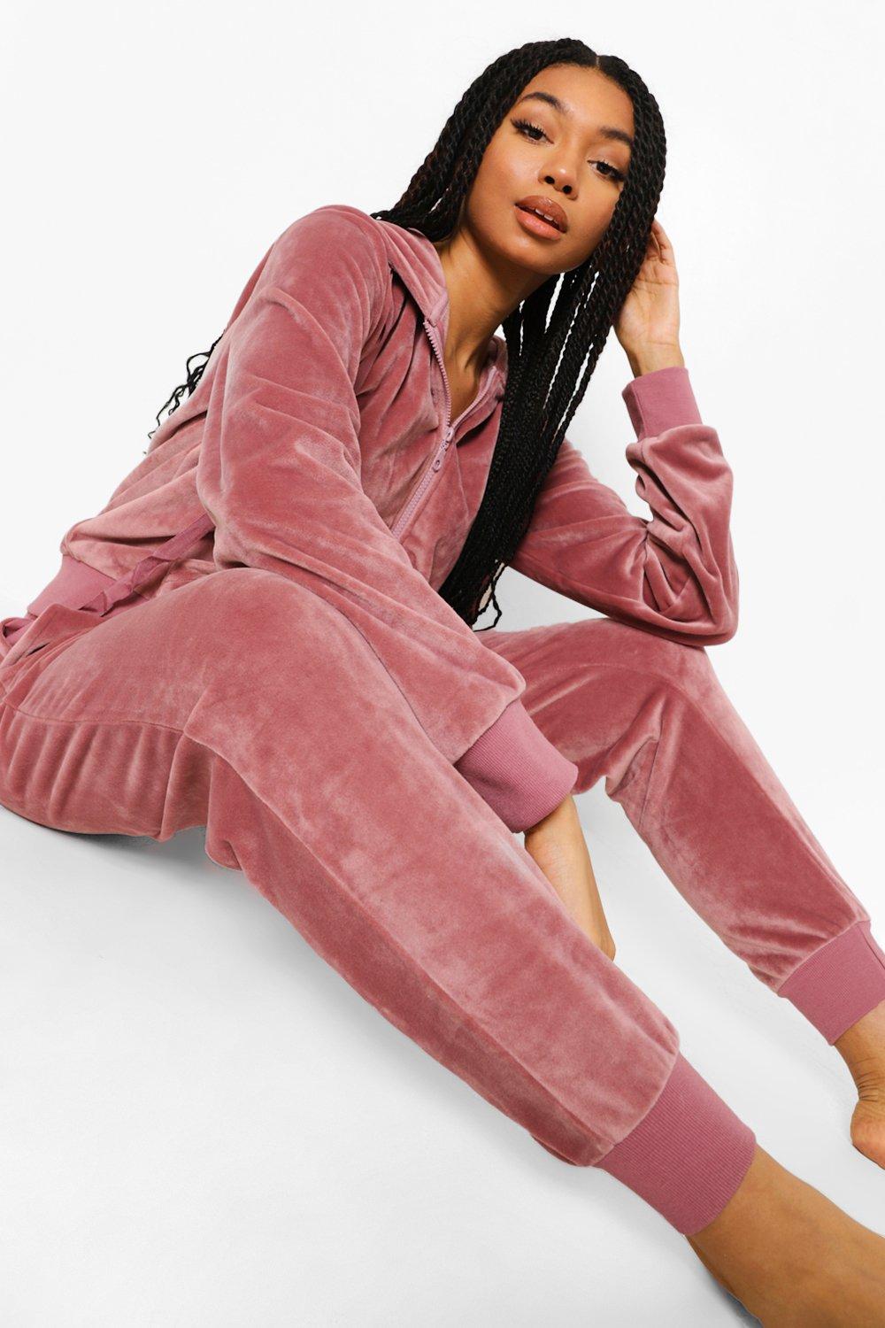 Women s Velour Hoodie And Jogger Loungewear Set Boohoo UK